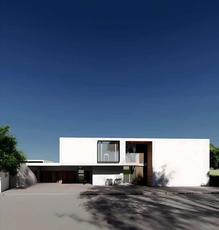 Render de vivienda con celosía y piedra natural