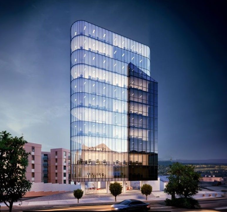 Render de torre acristalada junto a una plaza urbana