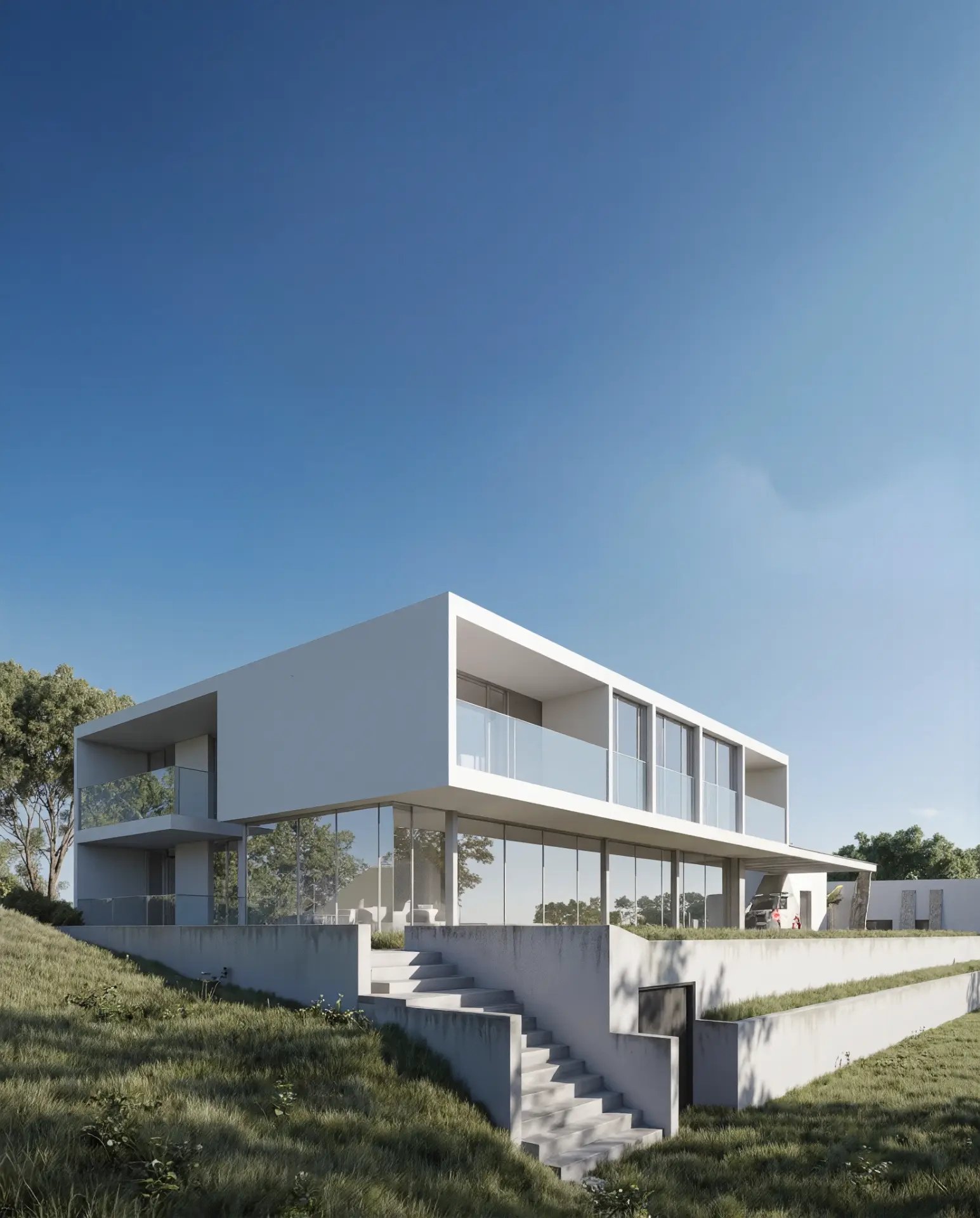 Render de villa minimalista rodeada de jardín