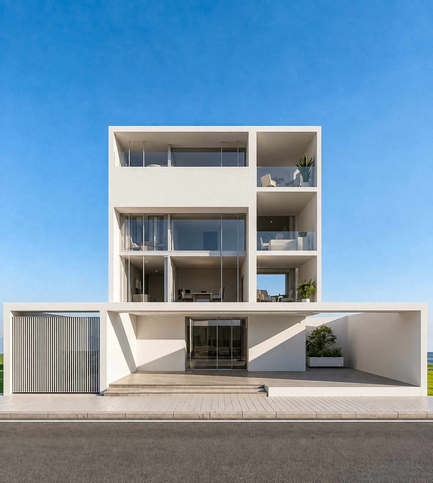 Residencial blanco de varias plantas con balcones acristalados