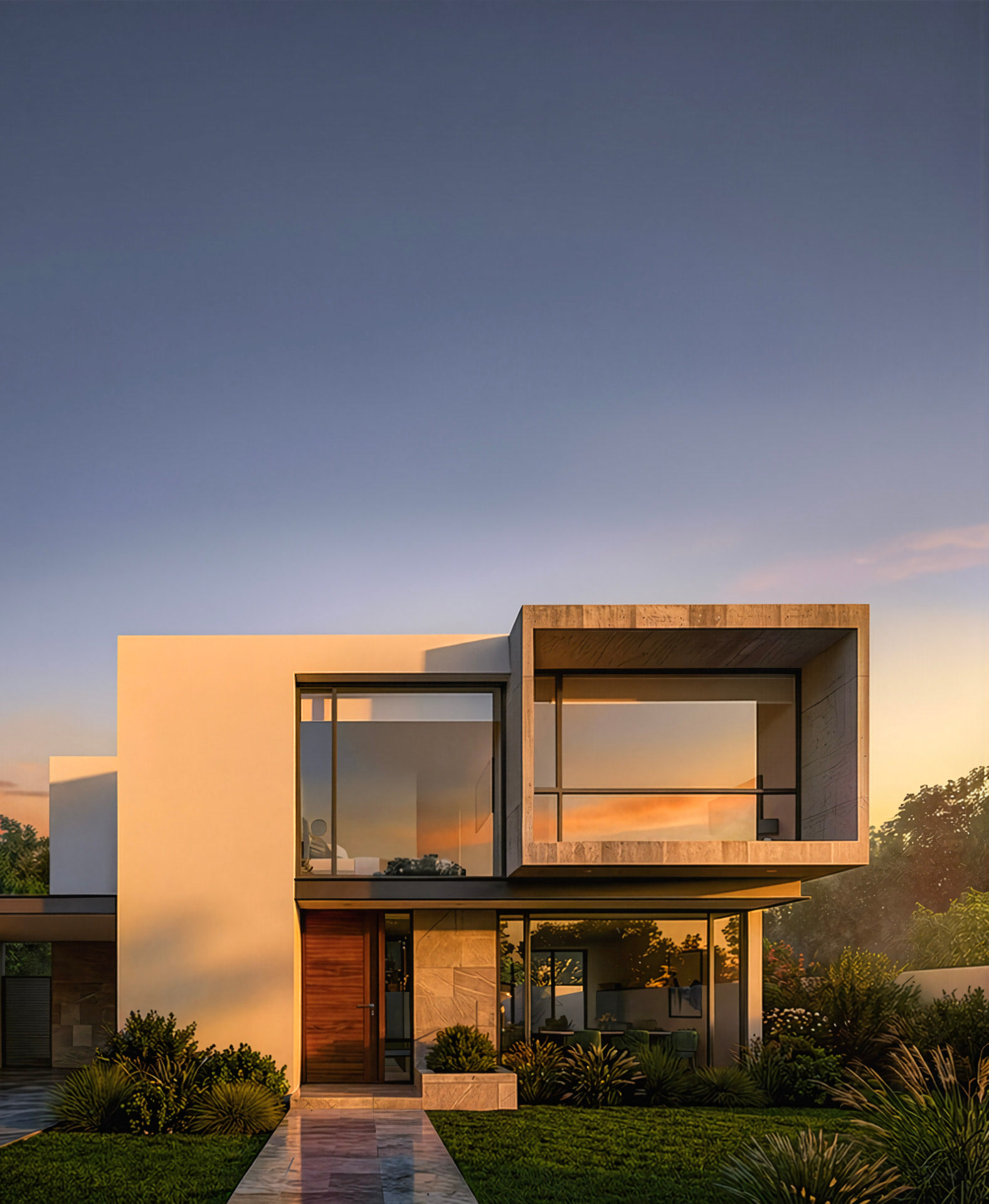 Casa minimalista de fachada blanca bajo cielo azul