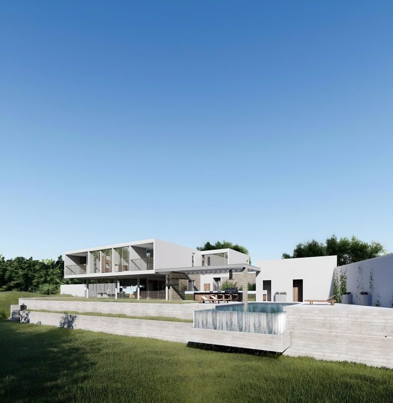 Render de vivienda con terrazas escalonadas sobre césped