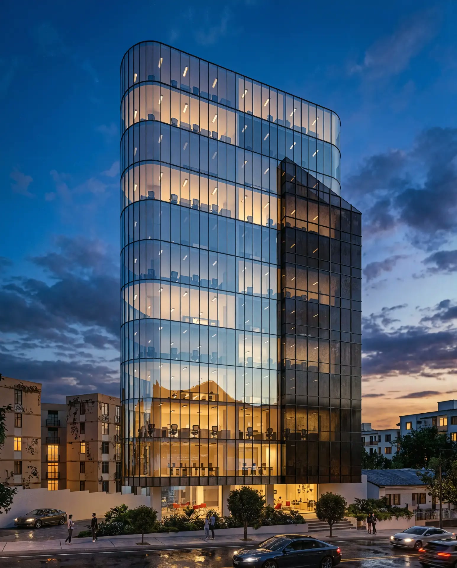 Render de torre acristalada junto a una plaza urbana