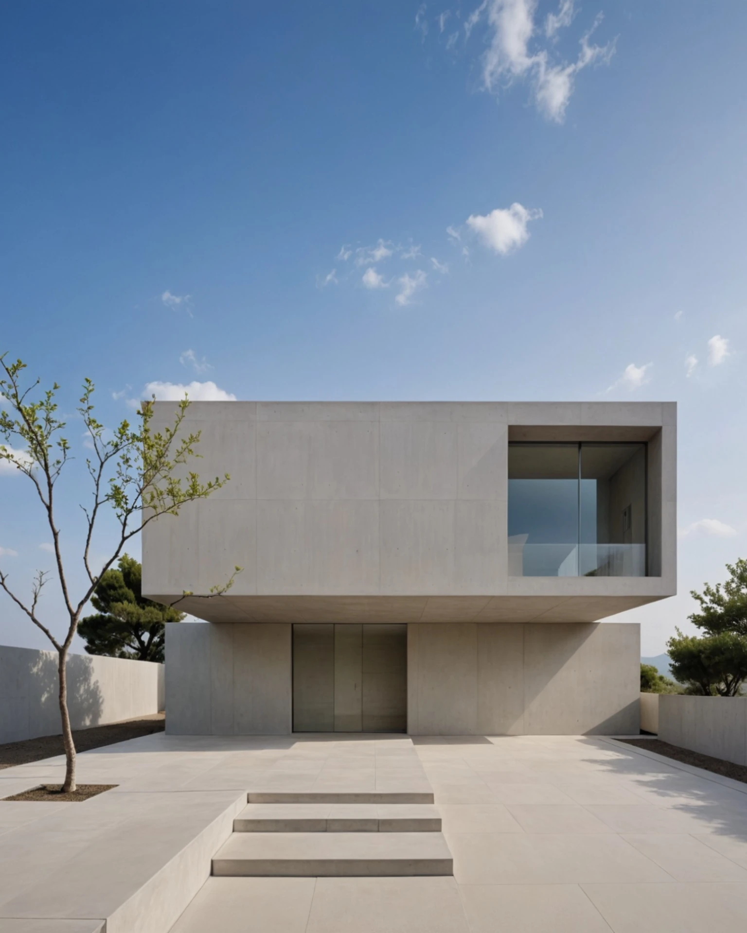 Vivienda minimalista de hormigón con volumen en voladizo bajo cielo azul