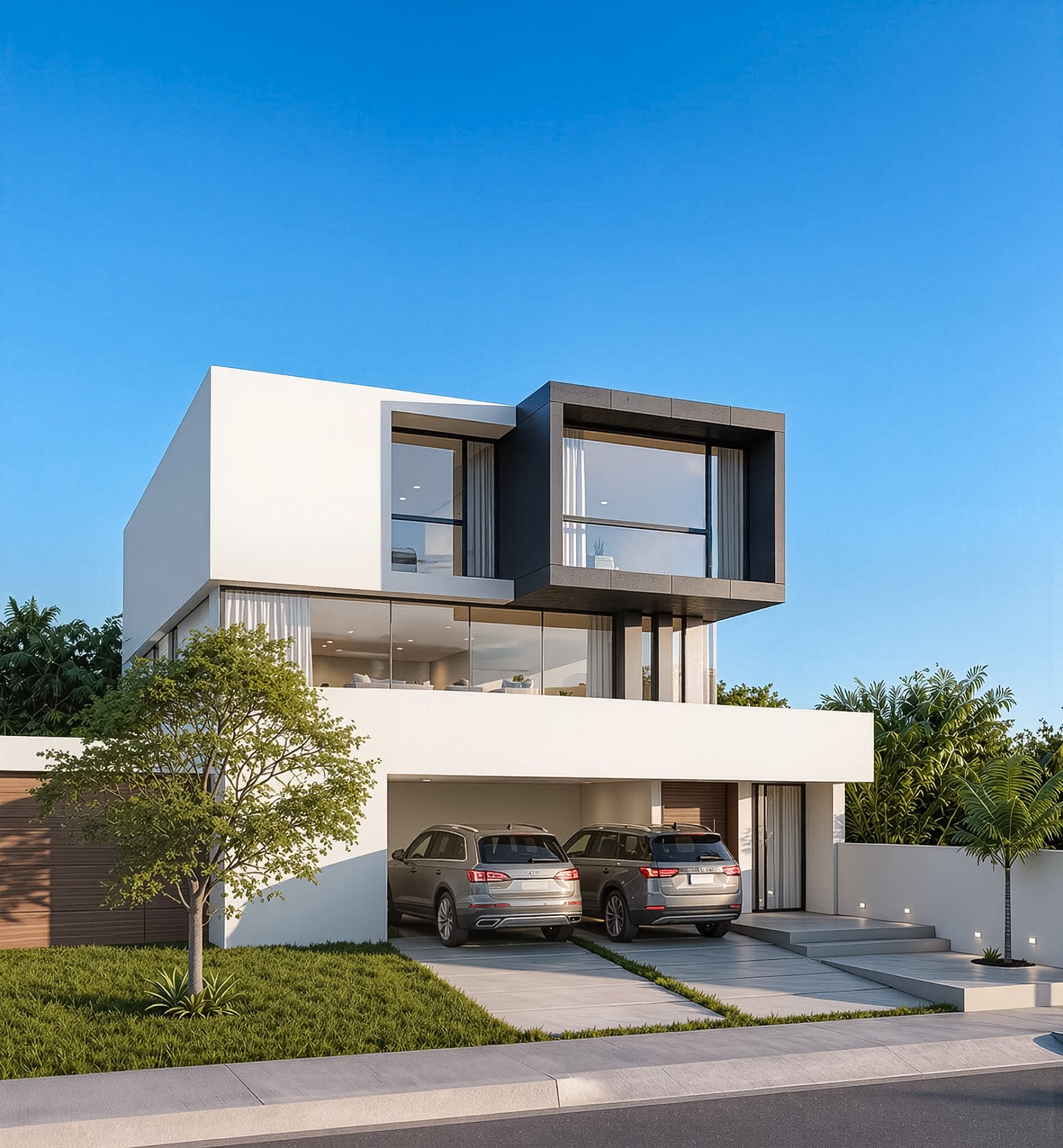 Casa moderna de volúmenes blancos con ventanal en voladizo y garaje de madera