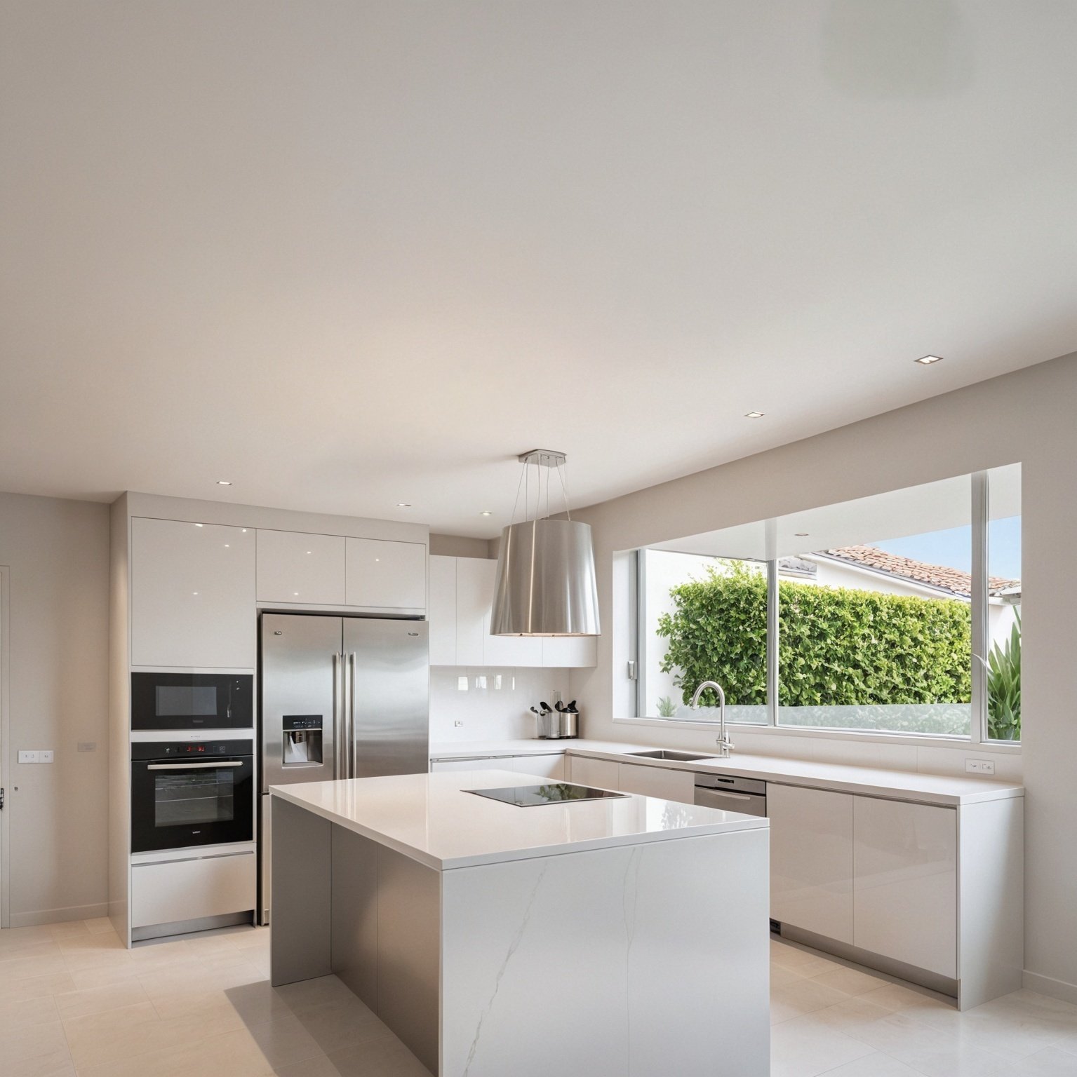 Cocina blanca minimalista con isla de mármol y gran ventanal al jardín
