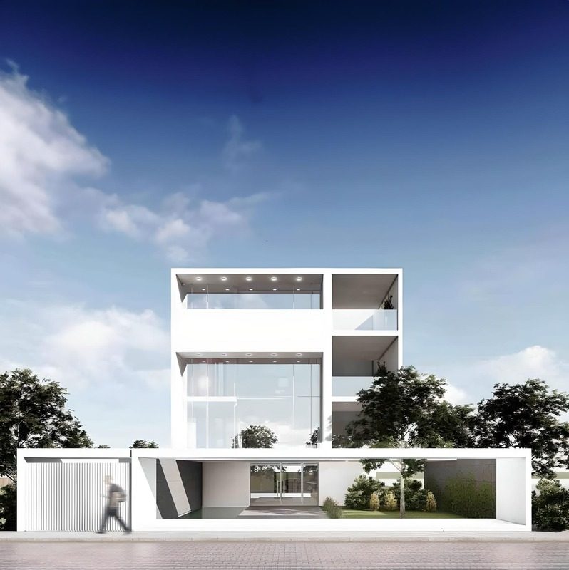 Render de casa blanca de tres niveles